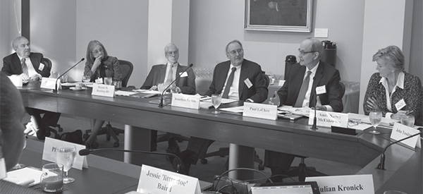 Mark Aronoff (Stony Brook University), Diane P. Wood (U.S. Court of Appeals, Seventh Circuit), Hunter R. Rawlings III (Association of American Universities), Jonathan F. Fanton (American Academy), Paul LeClerc (Columbia Global Centers, Europe), and Nancy McEldowney (Foreign Service Institute, U.S. Department of State)