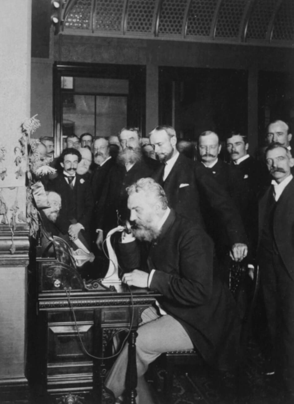 Alexander Graham Bell opening the New York–Chicago telephone line.