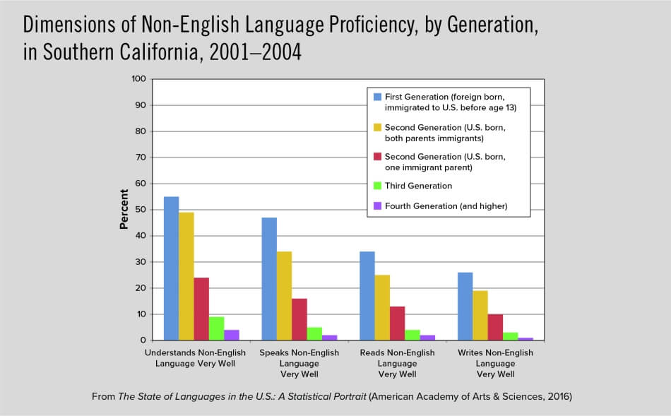 Dimensions of Non-English Language Proficiency, by Generation, in Southern California, 2001–2004