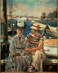 Elegant painting of a man and a woman conversing on a dock in the daytime