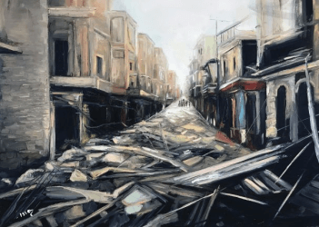 Painting of Aleppo ruins Syrian civil war
