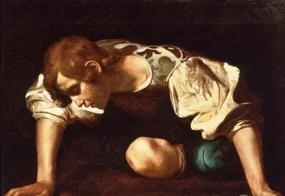 Oil painting of Narcissus staring at his reflection in a pool, by Caravaggio