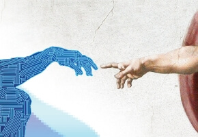 A digital rendering of the Creation by Michelangelo, where the hand of Adam has been redrawn to look like a circuit board. 