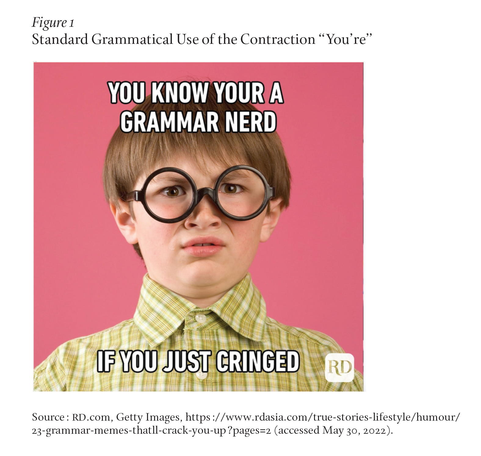 A child wears fake plastic glasses and cringes. Text on the image: You know your a grammar nerd if you just cringed. Your is spelled Y-O-U-R. Source: RD.com