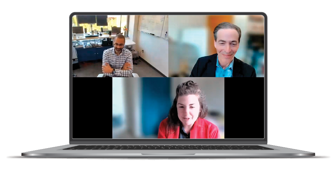 A laptop with a superimposed screenshot on the monitor of Jason Barnwell, Andrew M. Perlman, and Margaret Hagen from the Academy’s virtual event on the effects of artificial intelligence on accessibility.
