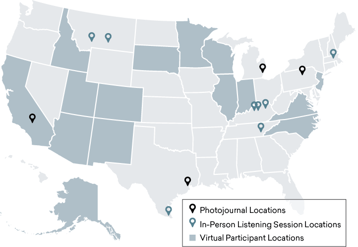 A map of the United States with blue and black pins in certain locations. The pins represent the locations of listening sessions and settings for the photojournal. Other states are shaded blue. 