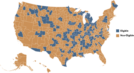 Map of the United States, divided by Commuting Zones (CZs), with CZs eligible for CPVs in blue and ineligible CZs in orange.