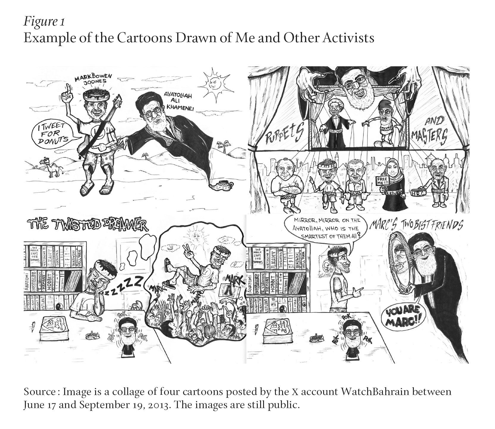 Four black and white cartoons drawn in caricature style portraying the author as a naive hippie and puppet of Ayatollah Ali Khamenei