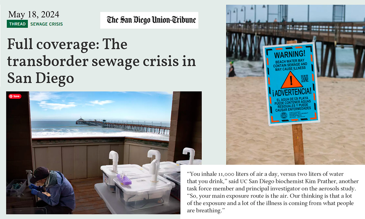A researcher in the bottom left of the image is checking air sampling instruments, with more of these instruments on a table behind them. On the right side of the image is a placard that reads “Warning. Beach water may contain sewage and may cause illness.” The message also appears in Spanish.