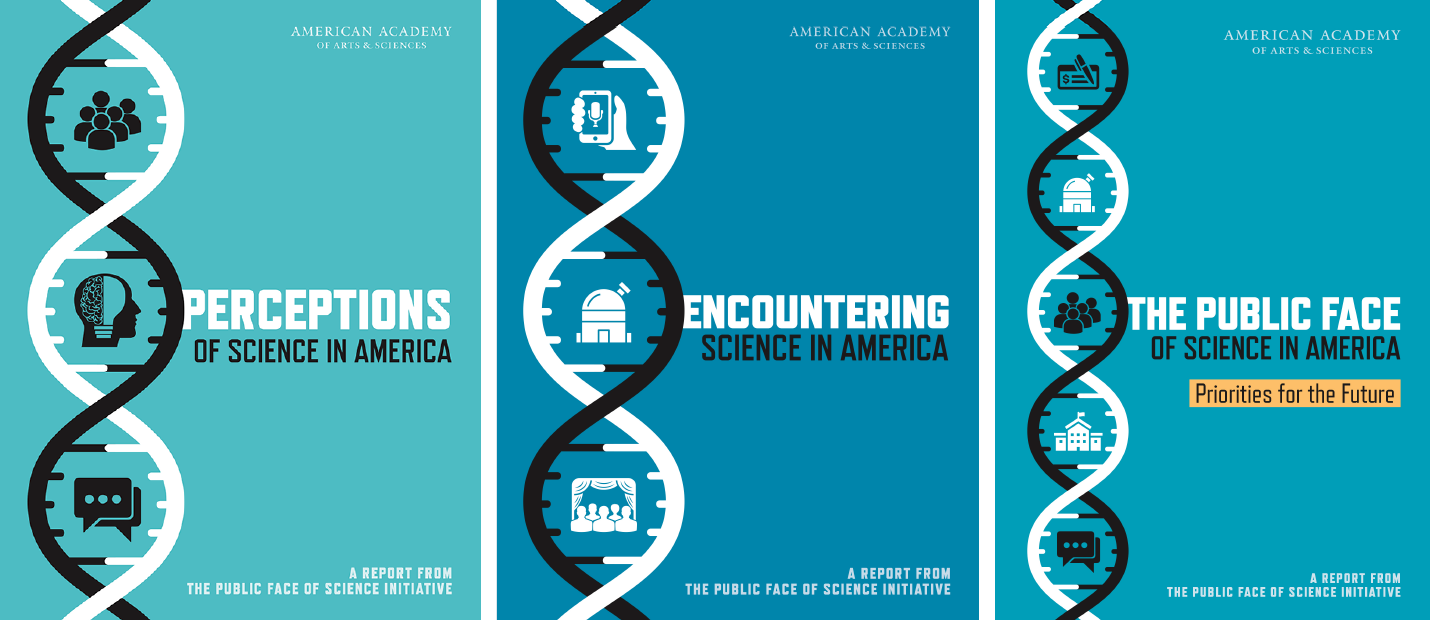 Covers of three publications for the Public Face of Science featuring an illustration of a strand of DNA.