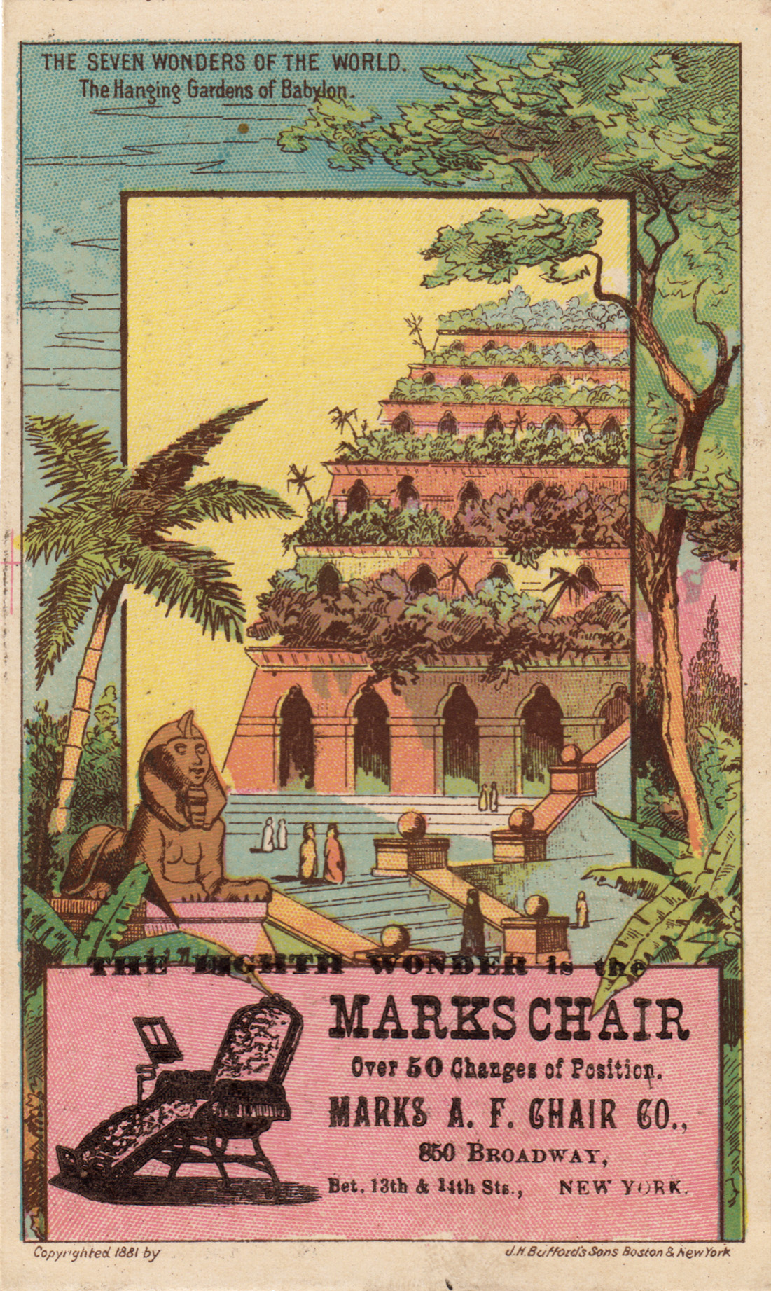 a rectangular card in color with an image of a pyramid and a sphinx, surrounded by green trees. People are on the stairs that lead up to the pyramid. At the bottom portion of the card is a drawing in black ink of a reclining chair with text to the right that reads Marks Chair Over 50 Changes of Position.