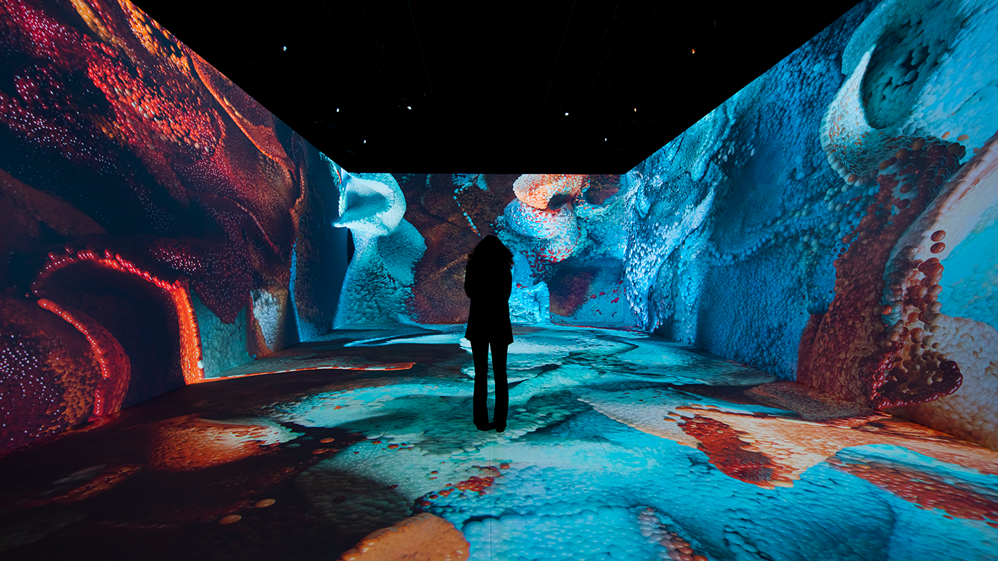 A person stands in an immersive digital art installation. The art resembles large clouds of bubbly foam. Its colors range from light to dark shades of blue and red. Large screens surrounding the person and covering the floor display the art.