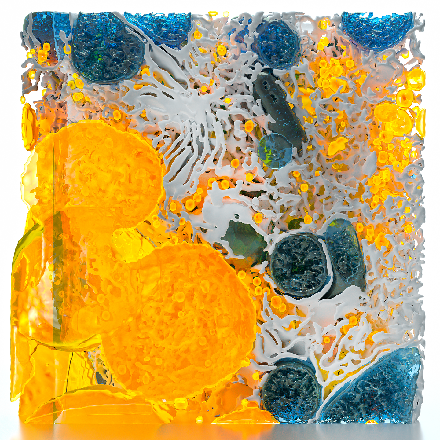 A close-up, microscopic view of a biological system shows large yellow blobs; tiny yellow dots; small, blue, gelatinous circles; and splatters of light gray matter.