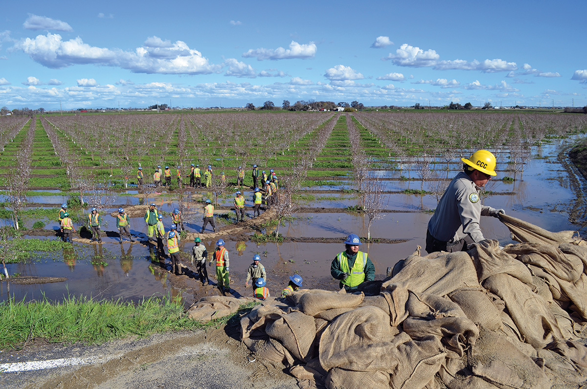 People in hard hats and construction vests pass sandbags down a line through a flooded agricultural field. 