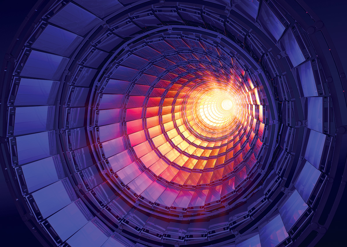 A tunnel view of a particle-accelerator collider, creating a prism of color with warm light appearing at the far end of the apparatus.