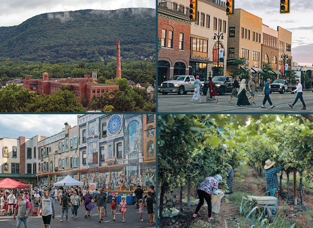 Four photos. A factory building and some houses in a valley, with a single mountainside covered in trees. People pass each other in a crosswalk in a prosperous shopping area. Cars idle in the street. A group of people walking in a plaza covered in artwork. And farmer workers pick grapes in a vineyard. 