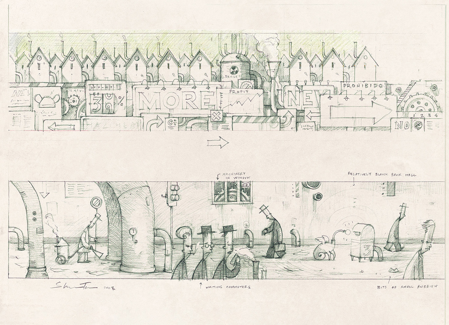 Smog above rows of uniform houses with smokestacks. Nearby signs read “39%” and “MORE,” and show arrows pointing in different directions. Below, a person cleans the streets and commuters face away from them. A barred window protects two interlocked cogs. Signs on the smokestacks show radioactive symbols, and read DANGER, PROHIBIDO, and NO. Below, people pass each other, dejected. A winged creature with a lightbulb for a head approaches something that looks like a mailbox. 