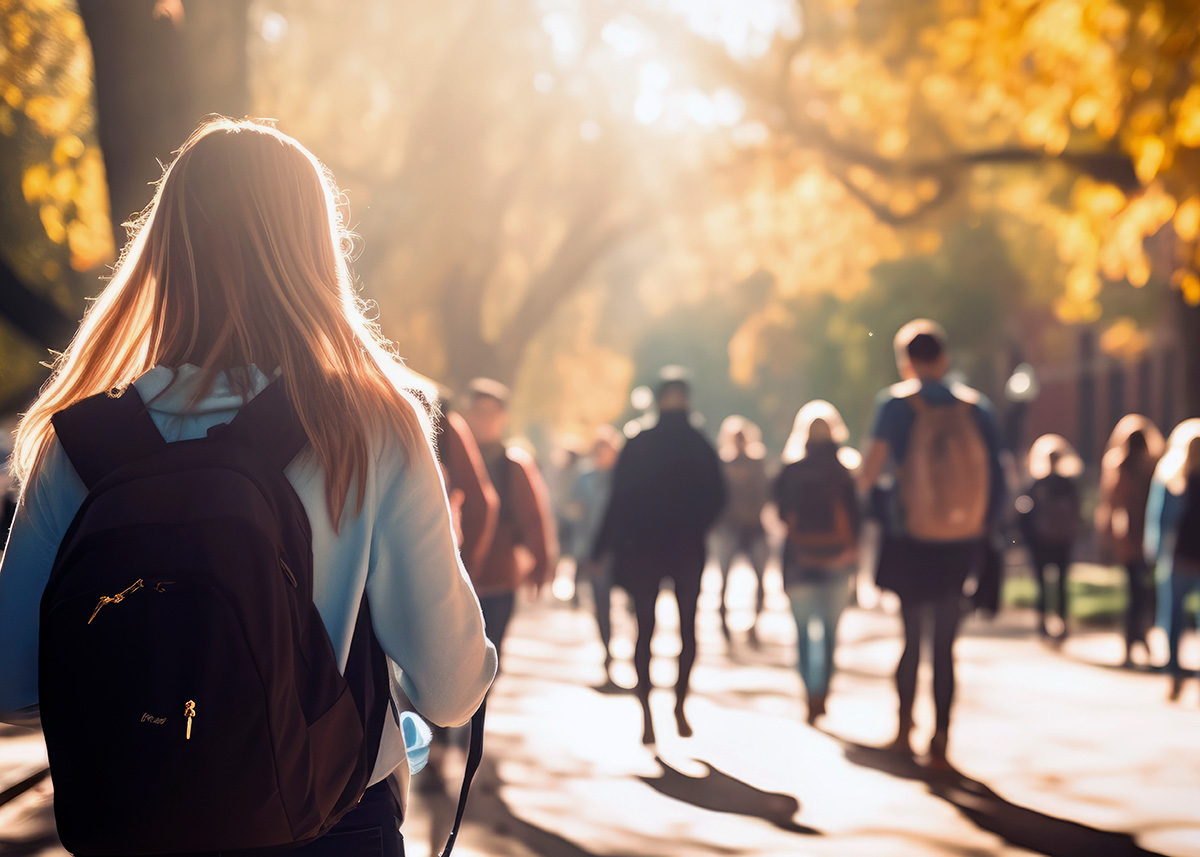 Several students, wearing backpacks, are walking on a campus on a bright, sunny day.