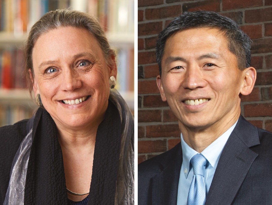 On the left: A headshot of Laurie L. Patton. Patton has pale skin, blue eyes, and graying hair, and wears a dark coat. On the right: Headshot of Goodwin Liu, who has tan skin and short black hair. He wears a gray suit, blue tie, and faces the viewer smiling.
