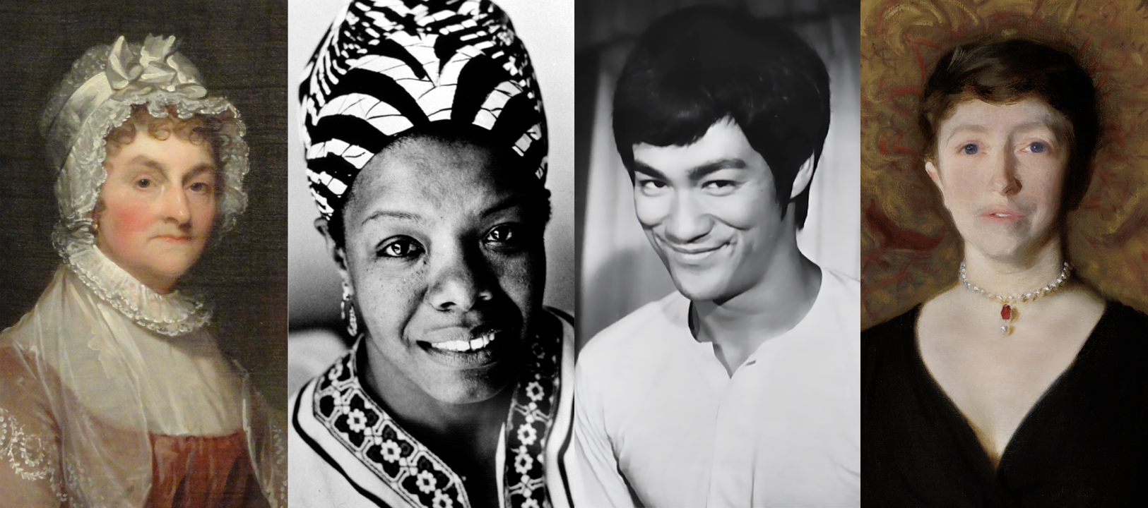 A photo collage of three women and one man. From left to right: Abigail Adams, Maya Angelou, Bruce Lee, and Isabella Stewart Gardner.