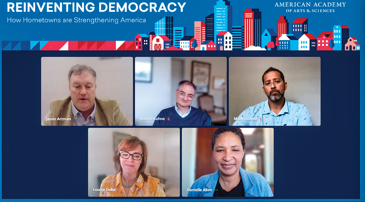 A screenshot of the panelists of a webinar called Reinventing Our Democracy. 