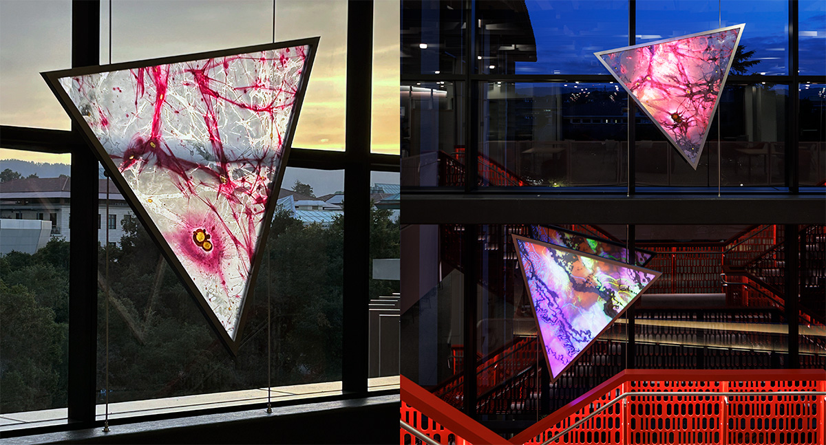 left: a triangle with red portions in etched glass. Right: More triangles with blues, reds, greens, browns, and yellows in etched glass. The triangles are installed over a stairwell. 