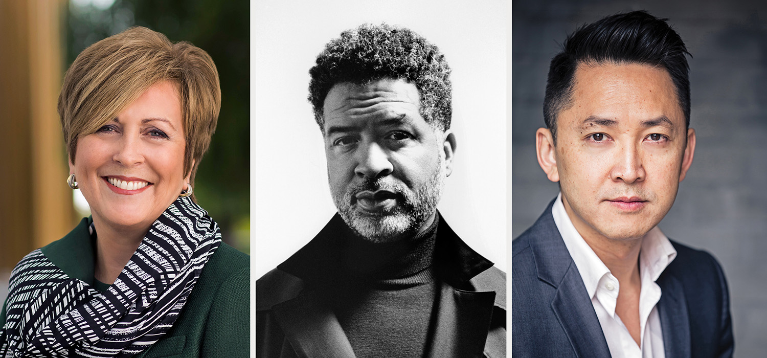 Left: A photo of Deborah Rutter, a woman with short light brown hair, wearing a green blazer and a black-and-white patterned scarf. She is smiling and facing the viewer. Middle: A black and white photo of Jason Moran, a man with dark curly hair and a beard. He is wearing a dark coat and is facing the viewer. Right: A photo of Viet Thanh Nguyen. He is wearing a dark suit and white shirt, and is facing the viewer.