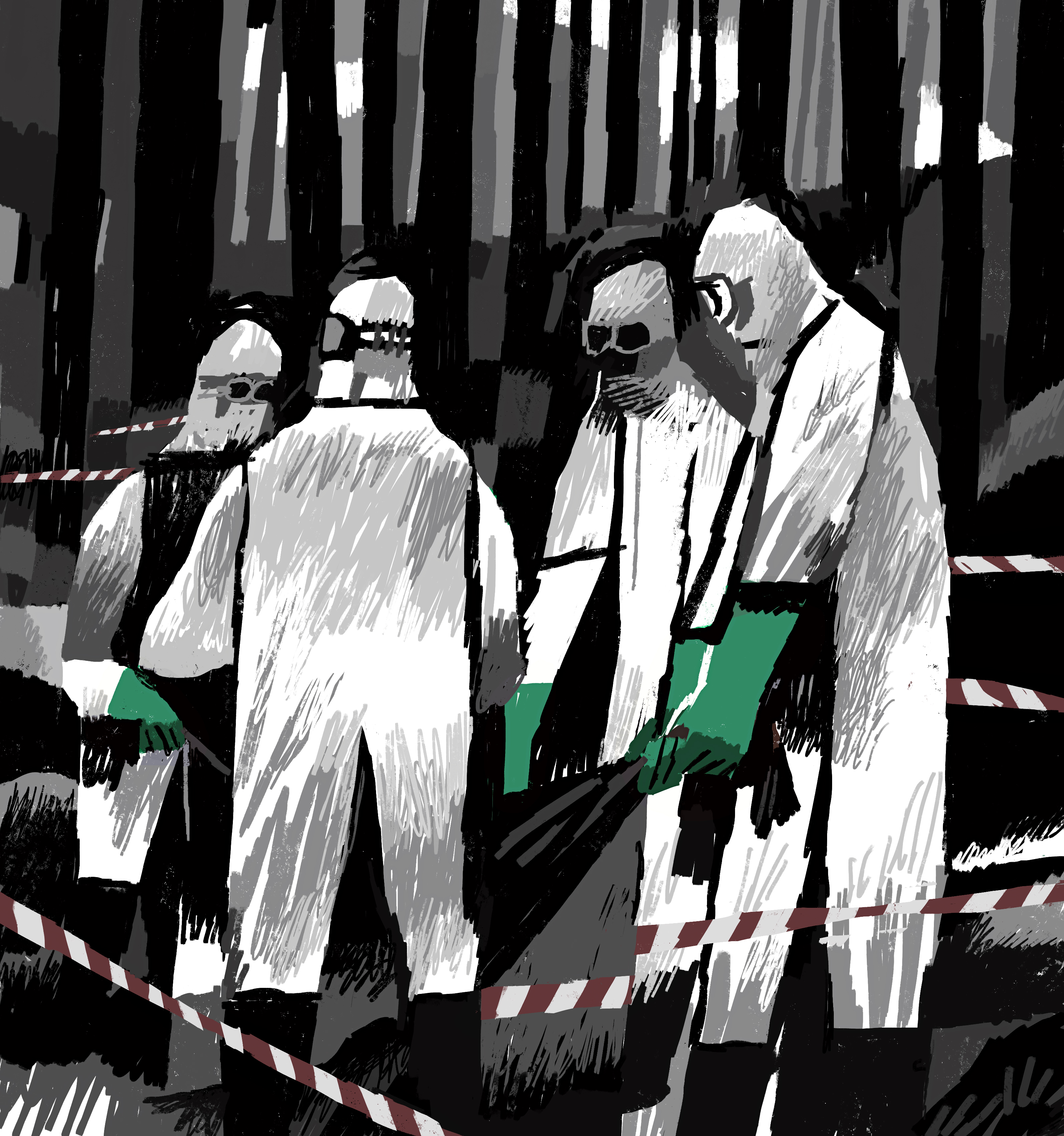 A digital rendering of four people in hazmat suits holding a black bag weighed down with something around to the size of a human body. Trees surround them in the background, and caution tape stretches between the trees closest to them, creating a barrier between the figures and the viewer.