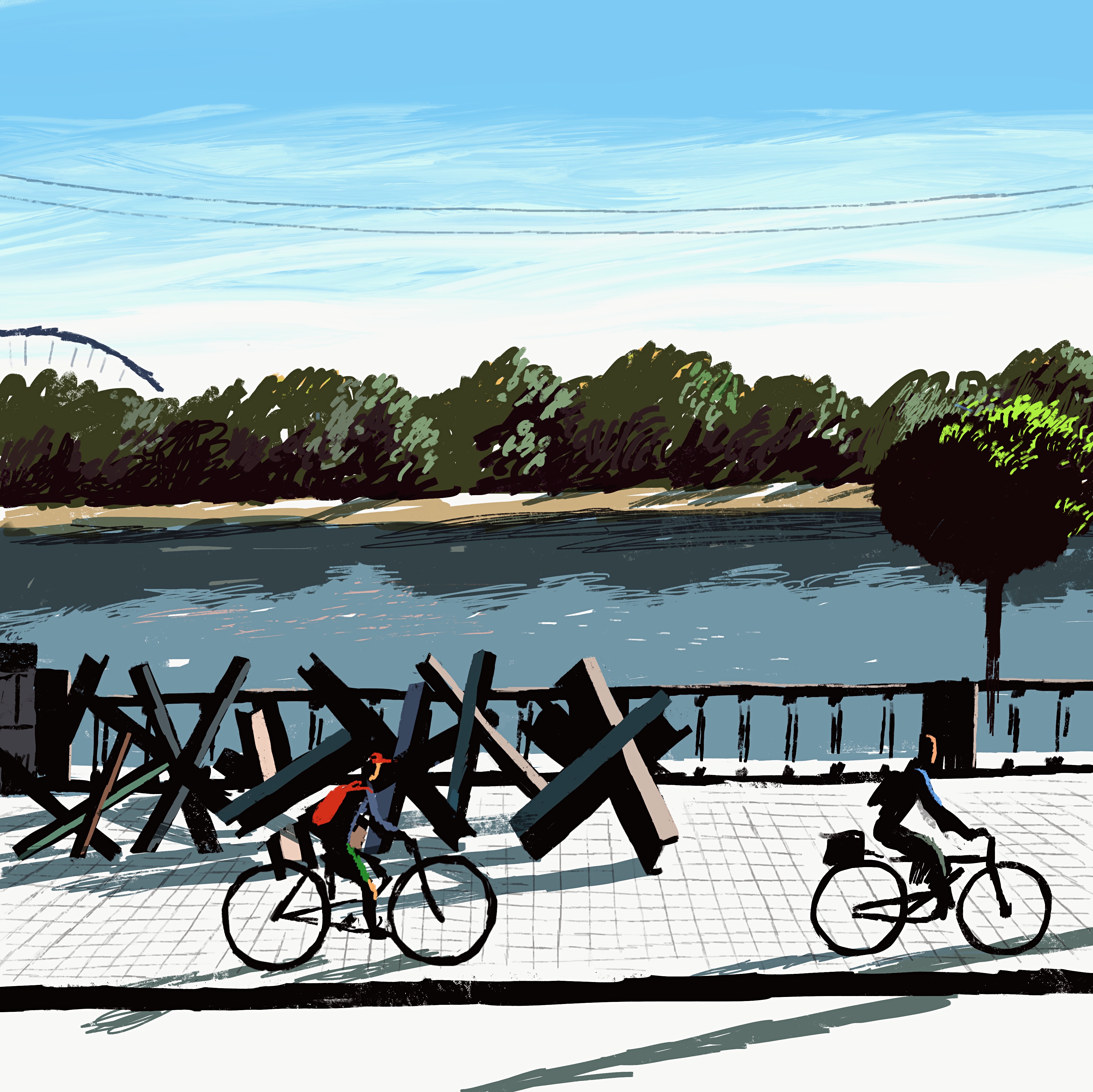 A digital rendering of two people riding bicycles past anti-tank obstacles beside a river in Ukraine. The day is sunny and green trees stand across the riverbank.