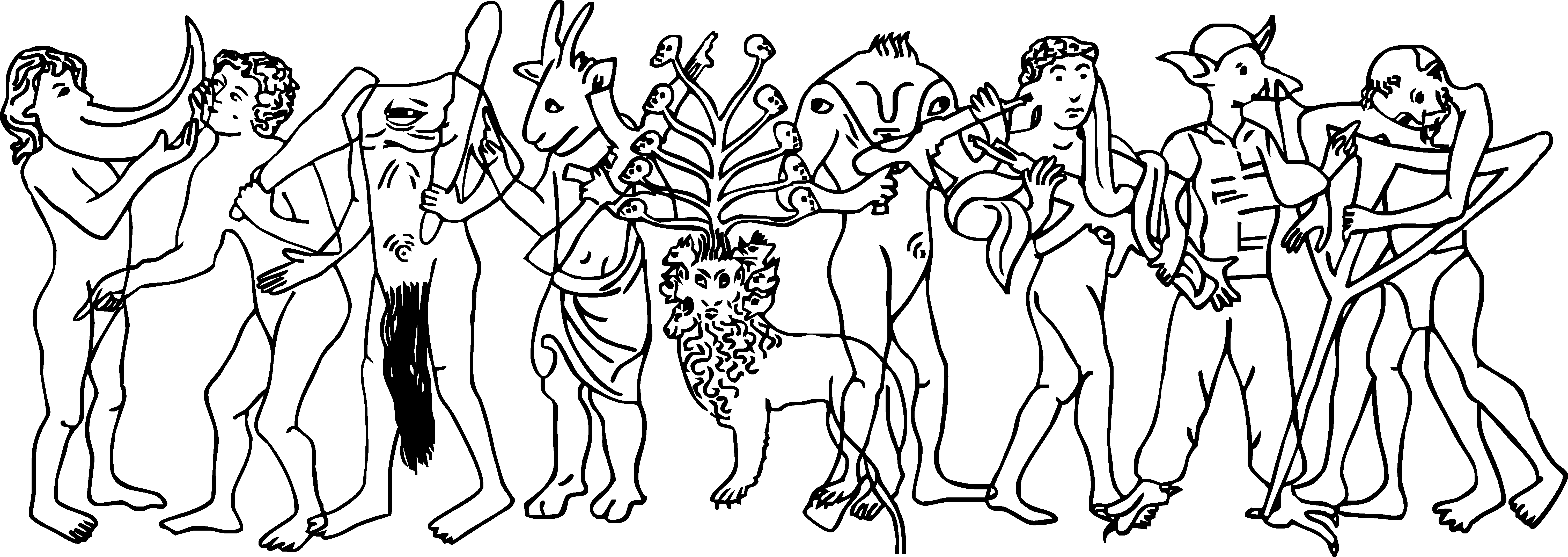 Black and white illustration depicting humanoid figures holding automatic weapons. The figures are based on drawings of bestiaries first dating from 1000 AD.