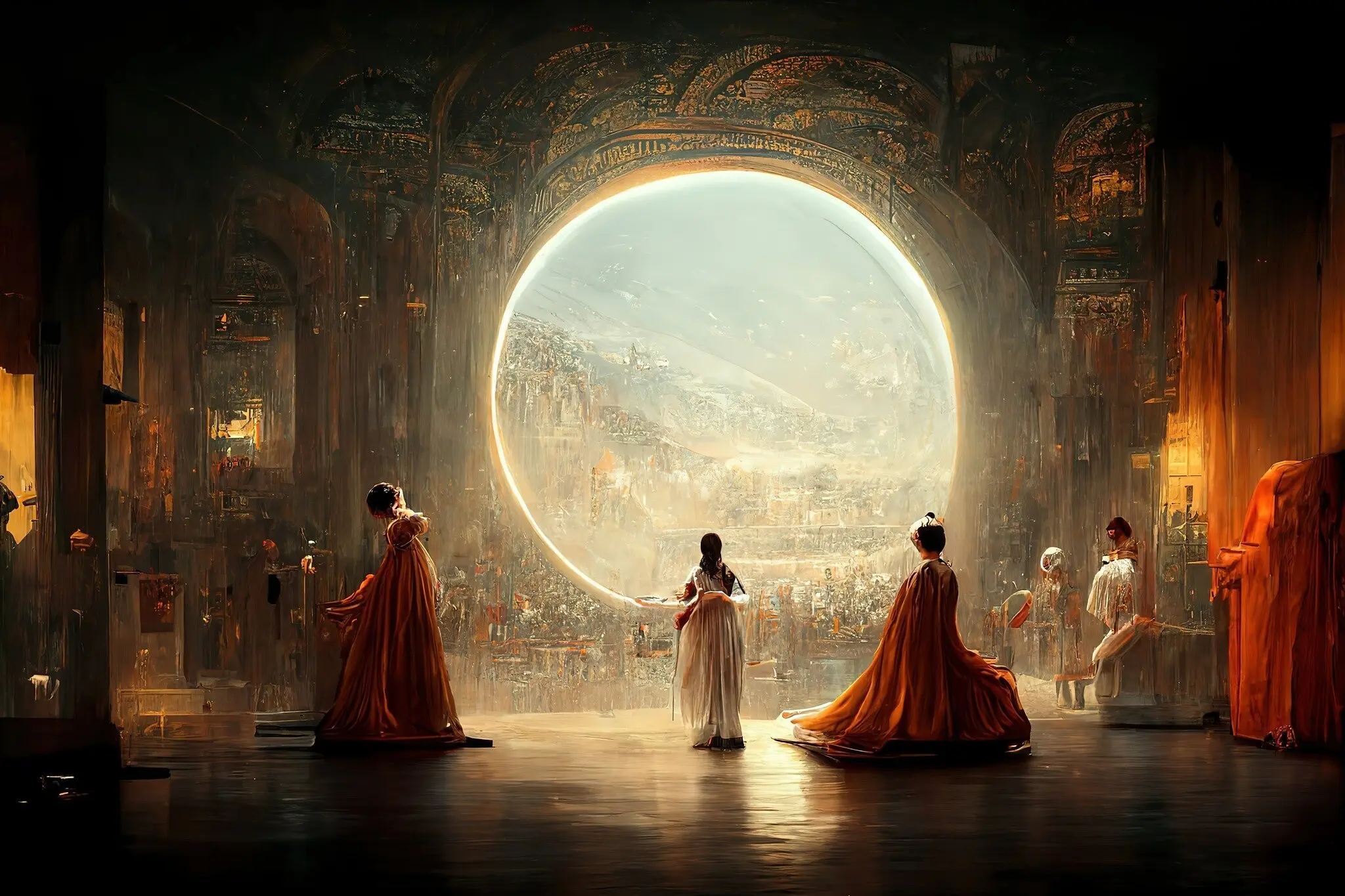 Several figures in elegant historic clothing stand in a grand hall, facing a large circular portal with a detailed landscape visible through it.