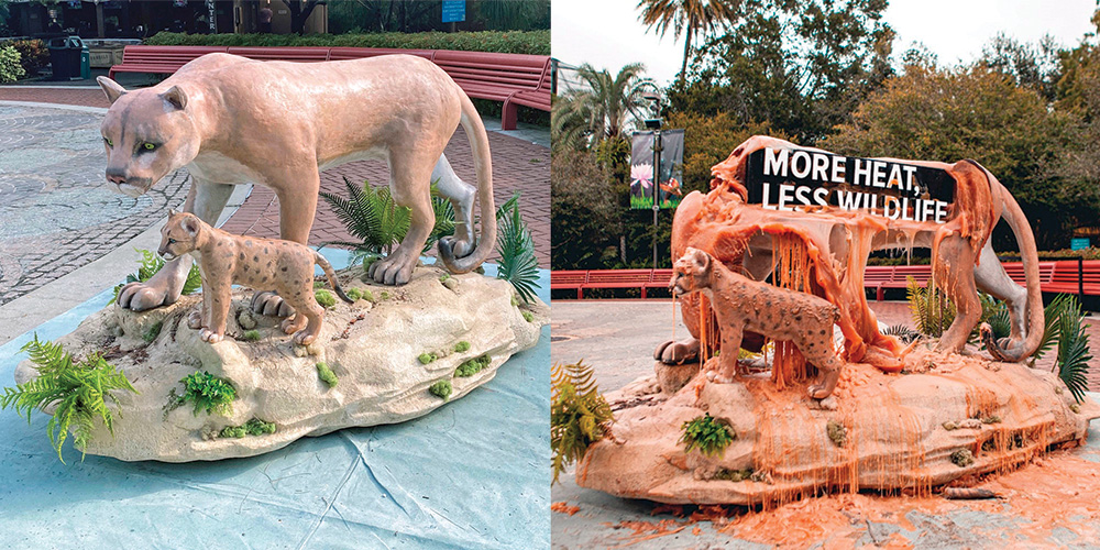 Left: An outdoor wax sculpture of a panther adult and cub. The sculpture is pristine. Right: The sculpture of the adult panther has melted to reveal a message inside: “More heat, less wildlife.”