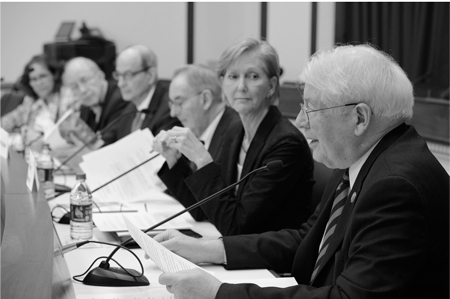 Congressman David Price introduces the World Language Advancement and Readiness Act at the briefing, with (far left to right) Jessie “little doe” Baird, Dan Davidson, Paul LeClerc, Jonathan Fanton, and Nancy McEldowney.