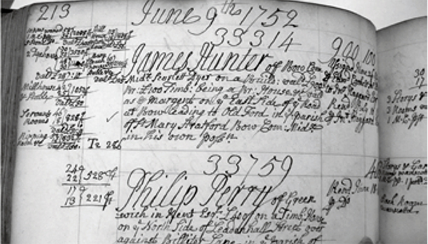 Figure 2: James Hunter’s fire insurance policy, renewed in 1752 with the Hand-in-Hand Fire and Life Insurance Society. Image courtesy of London Metropolitan Archives, London.