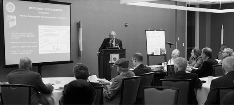 Neal Lane (Rice University) speaks to university vice presidents of research and state and local leaders about Restoring the Foundation.