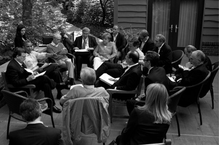 President Barack Obama meets with other government leaders during the G8 Summit at Camp David, May 19, 2012 (Photograph by Chief Official White House Photographer Pete Souza). 