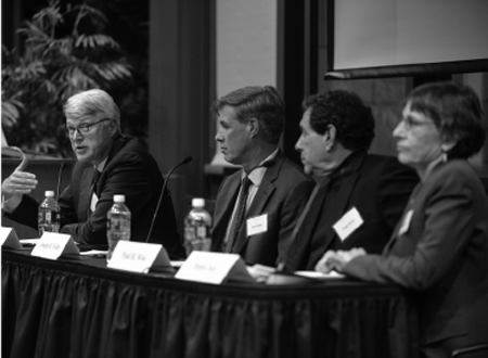 Scott D. Sagan (Stanford University), Joseph H. Felter (Stanford University), Paul H. Wise (Stanford University), and Debra Satz (Stanford University) at the “Ethical Choices in War and Peace” Stated Meeting at Stanford University.