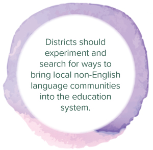 Districts should experiment and search for ways to bring local non-English language communities into the education system.