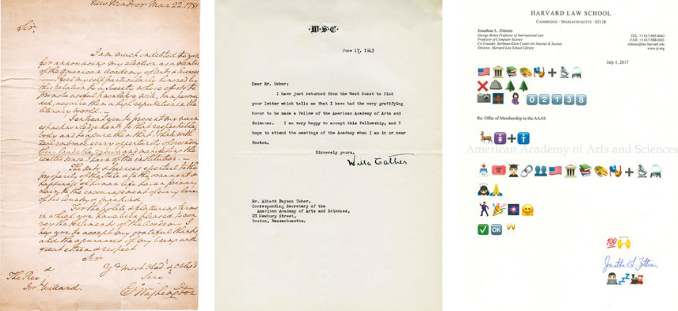 Acceptance letters from George Washington, Willa Cather, and Jonathan Zittrain