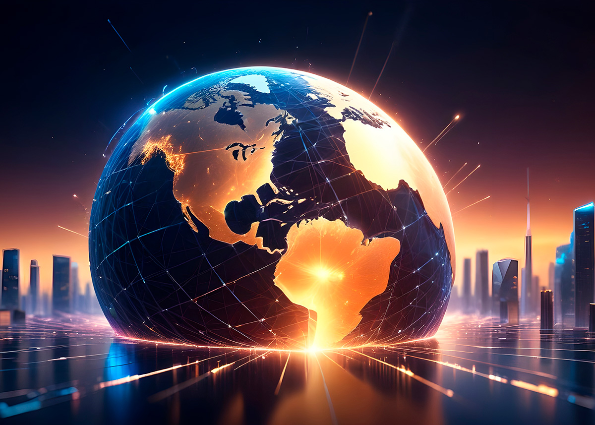 A digitally rendered globe showing the Americas, with bright orange and yellow light coming from its base. The globe is surrounded by tall, modern skyscrapers. 