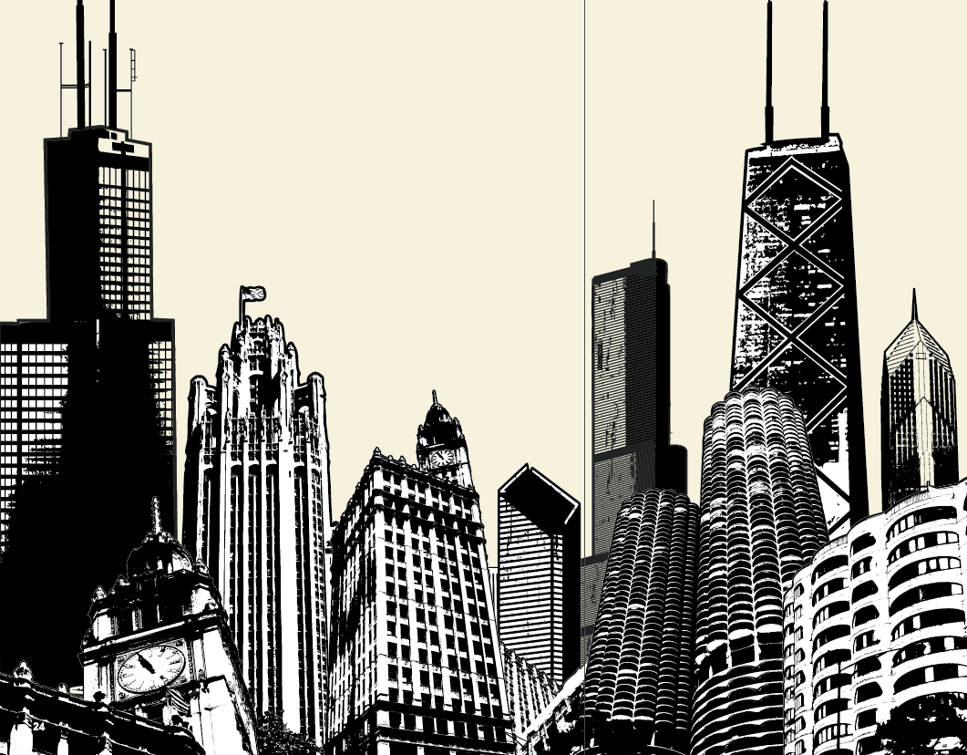 A black and white illustration of Chicago’s notable skyscrapers.