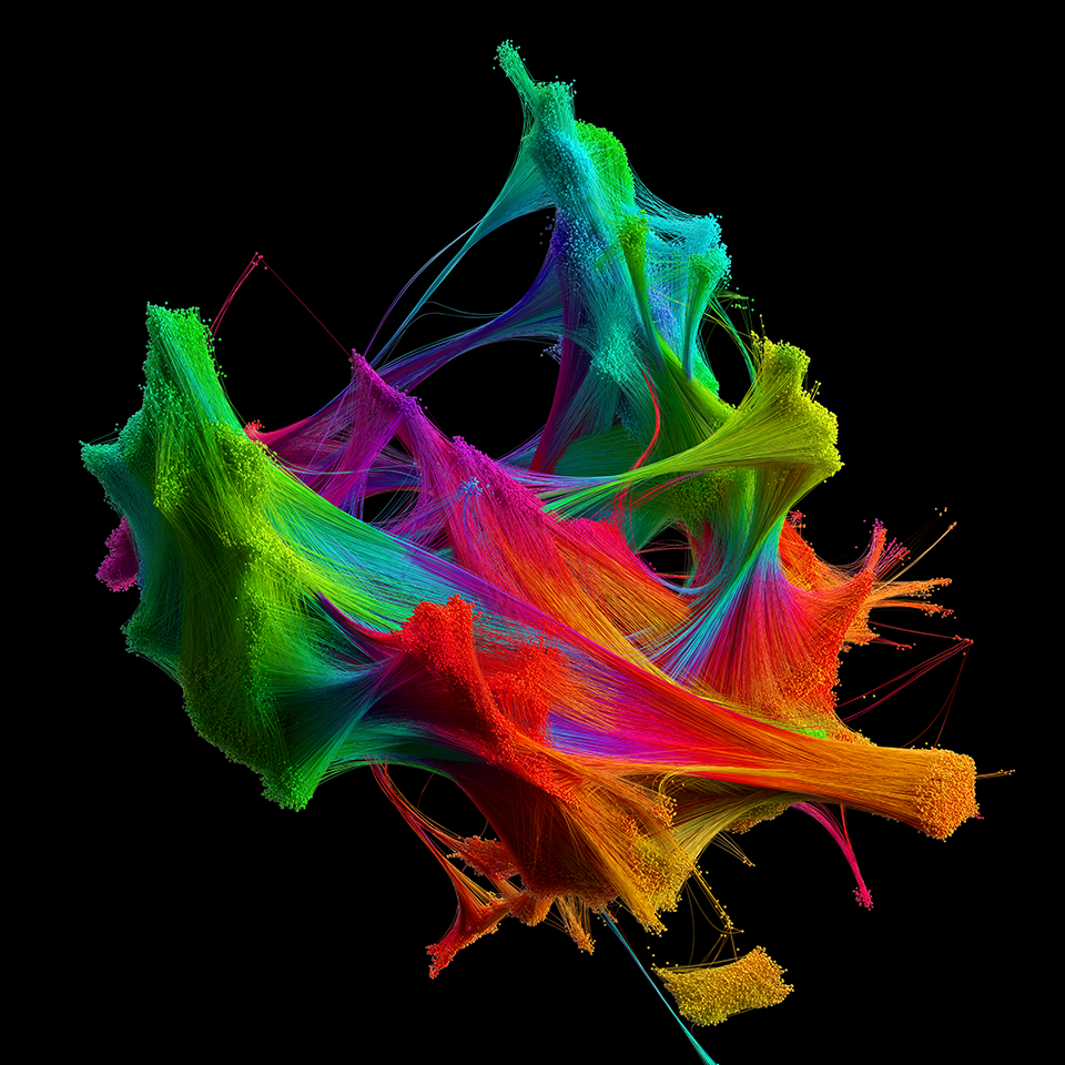 Black background with a rainbow-colored object in the middle. The object has an irregular shape with gaps and tendons.
