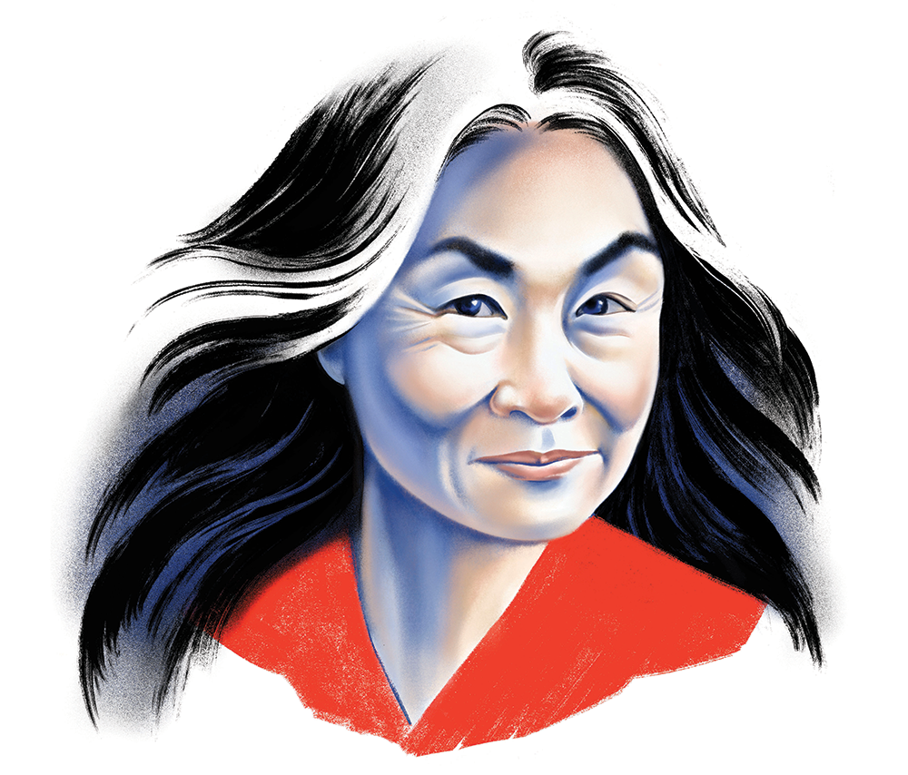 An illustration of Maxine Hong Kingston with long black hair and light skin.