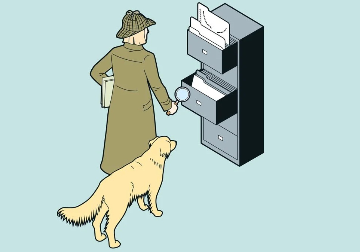 Illustration of Claudia Goldin with a dog by her side at a filing cabinet. She is wearing a trenchcoat and a deerstalker cap, with a magnifying glass in her hand. 