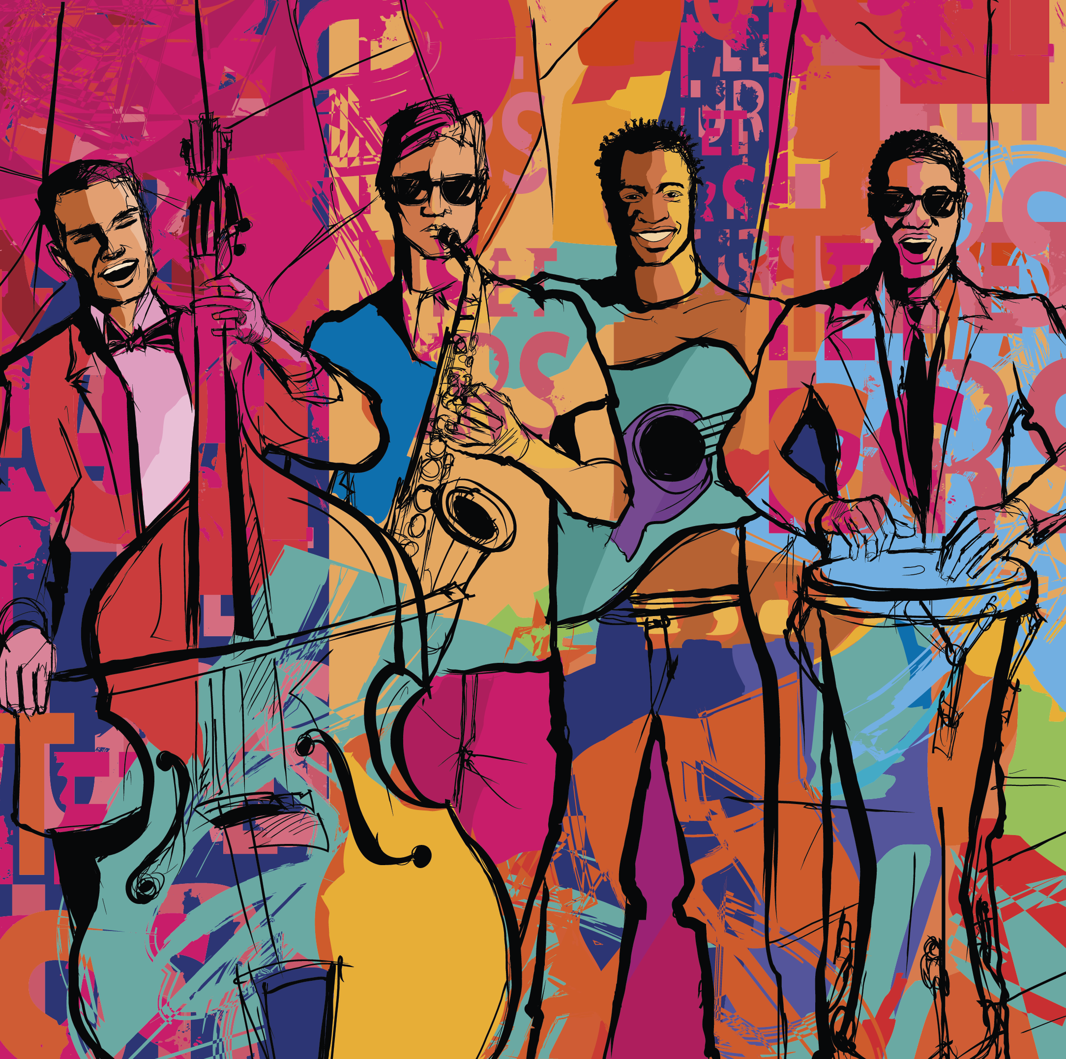 A stylized image of a jazz band, featuring musicians playing saxophone, guitar, double bass, and conga.