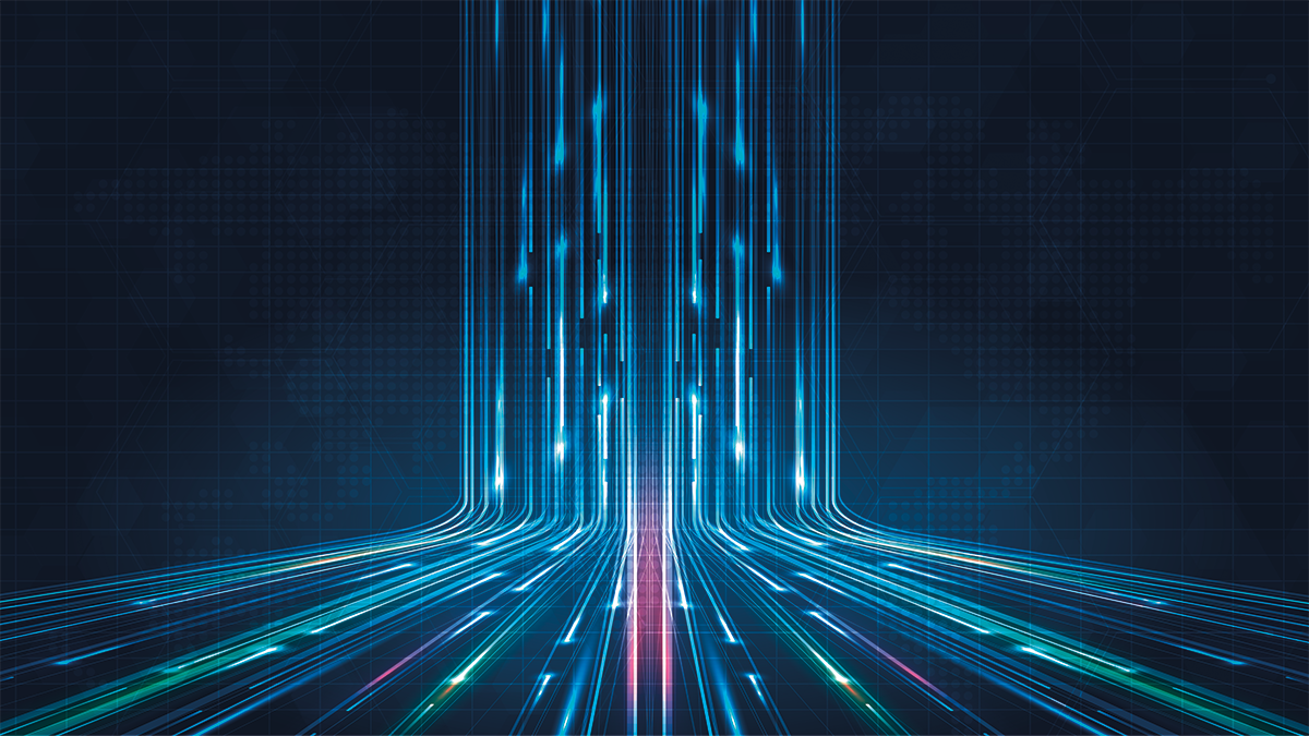 Black background with streaks of neon blue, pink, and white light radiating in a motion blur effect, evoking high speed, energy, and a futuristic flow.