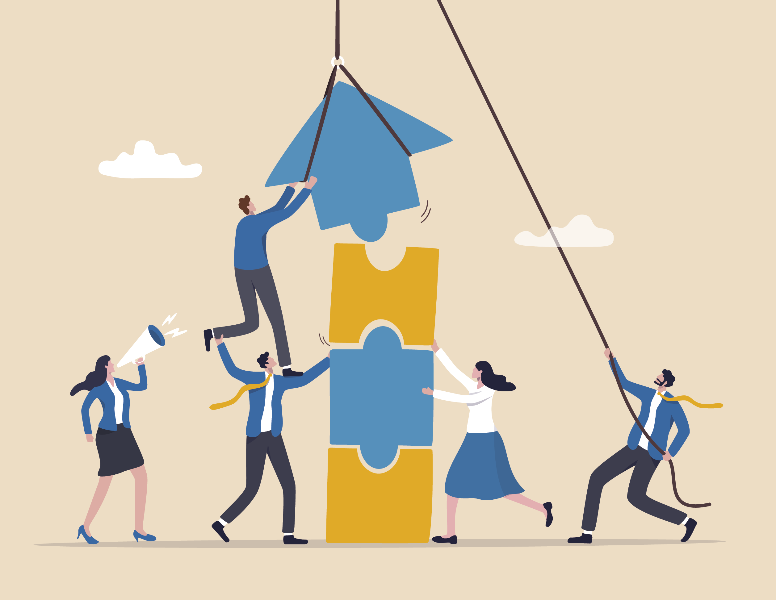 An illustration of five people collaborating to place puzzle pieces together, with one person using a rope to lift a large blue puzzle piece atop a yellow one.