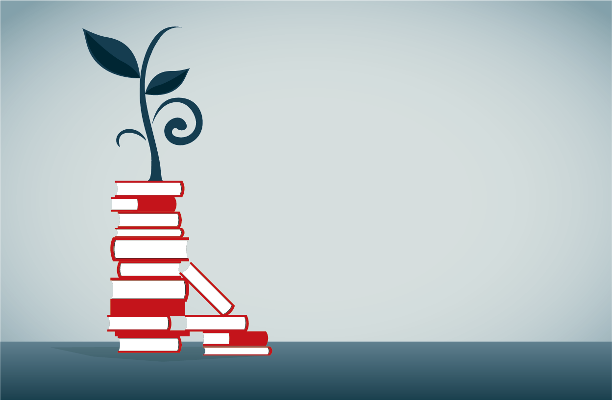 A stylized plant with dark leaves is growing out of a stack of red and white books against a light blue background.
