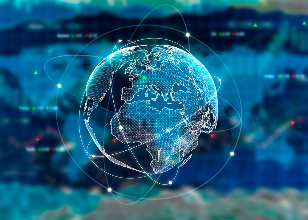 A blue and white globe with a network of lines surrounding it.