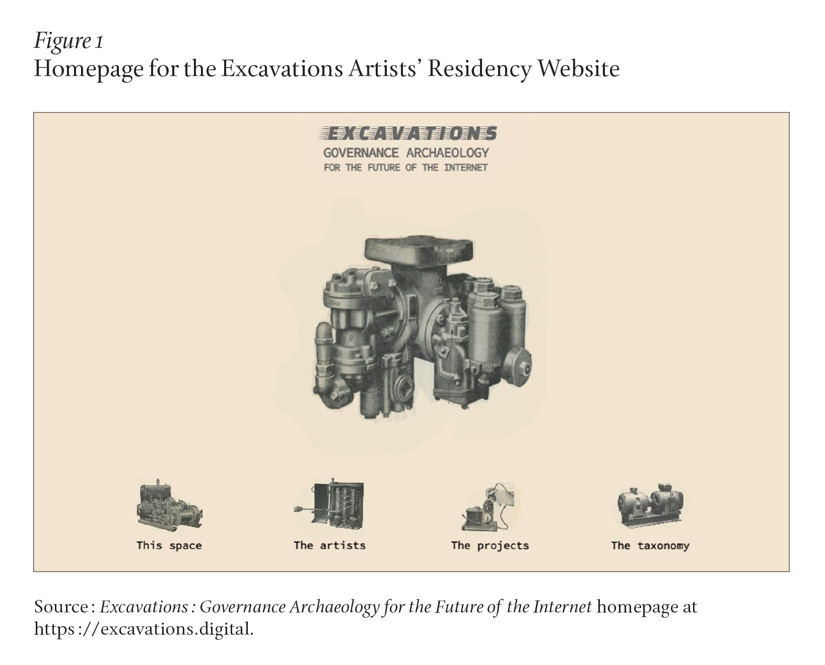A screenshot of the landing page for excavations.digital, with menus labeled This space, The Artists, The projects, and The taxonomy. The site is titled Excavations: Governance Archaeology for the Future of the Internet, and the central image is an engine with multiple pistons.